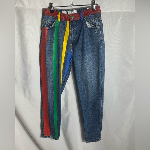 Bershka Mom Fit Jeans Multicolor Painted Stripe Patchwork Size 6 US EUR 38 - Picture 1 of 5